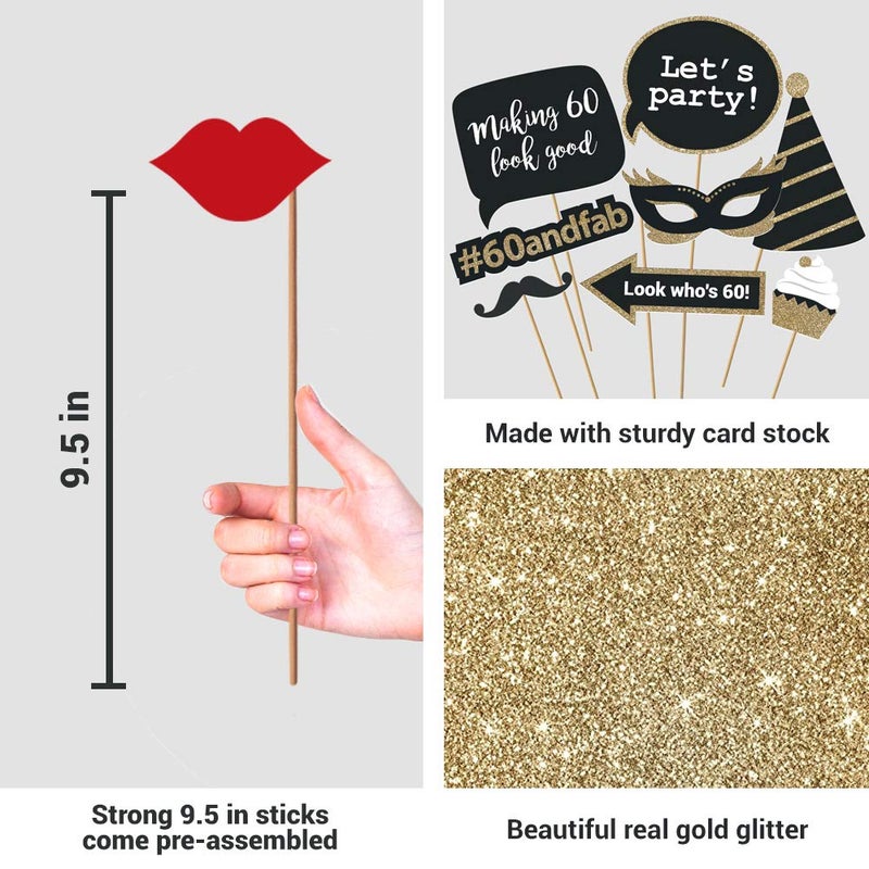 Perfect Occasion Fully Assembled 60th Birthday Photo Booth Props - Set of 30 - Black & Gold Selfie Signs - 60th Party Supplies & Decorations - Cute Bday Designs with Real Glitter - Did We Mention No DIY - Image 3